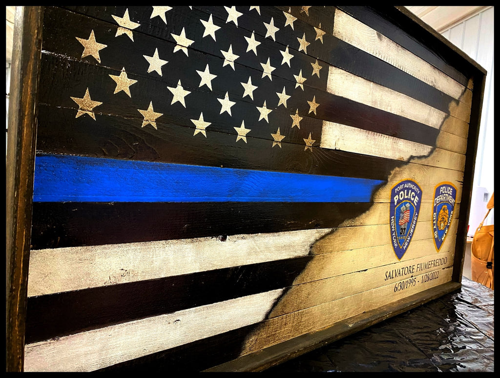 Rustic Wooden Blue Line NYPD Flag for Retirement Gift